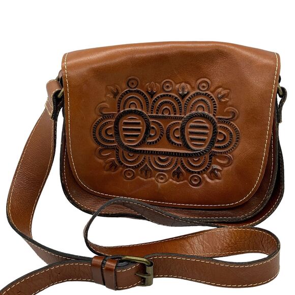 Patricia Nash Brown Tooled Leather Flap Front Western Saddle Crossbody Bag Purse - Picture 2 of 13